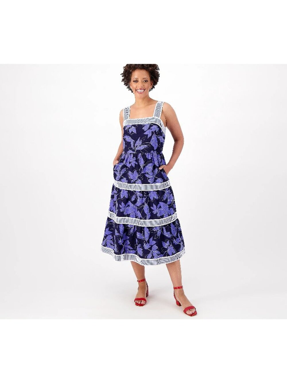 Isaac Mizrahi Live Midi Dress Size 12 Regular Printed Tiered Dark Navy Blue NEW